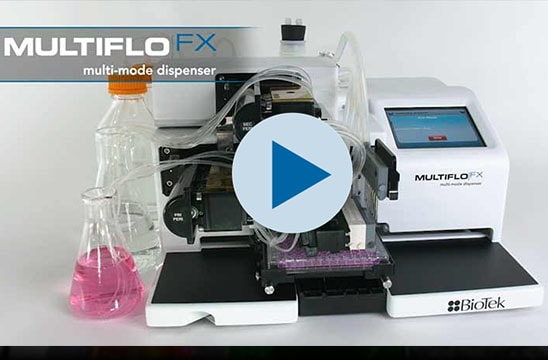 BioTek's versatile MultiFlo™ FX Multi-Mode Dispenser automates many routine liquid handling tasks from dispensing to plate washing and media exchange in a compact modular system.