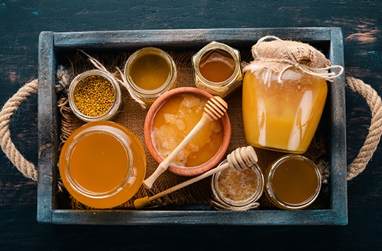 Photo of tray with an assortment of honey products