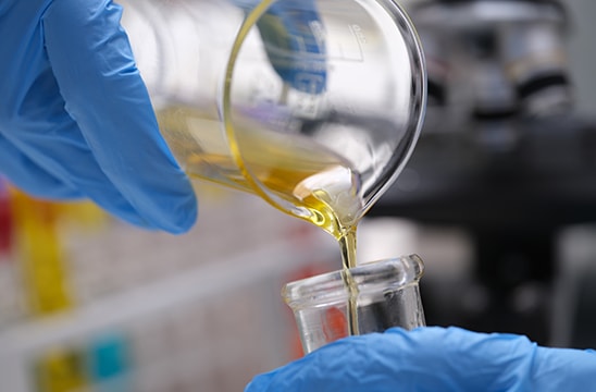 Photo of a gloved hand pouring honey into a test tube for testing
