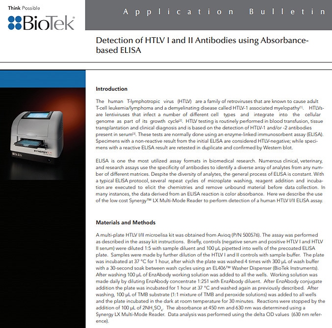 Detection of HTLV I and II Antibodies using Absorbance based ELISA