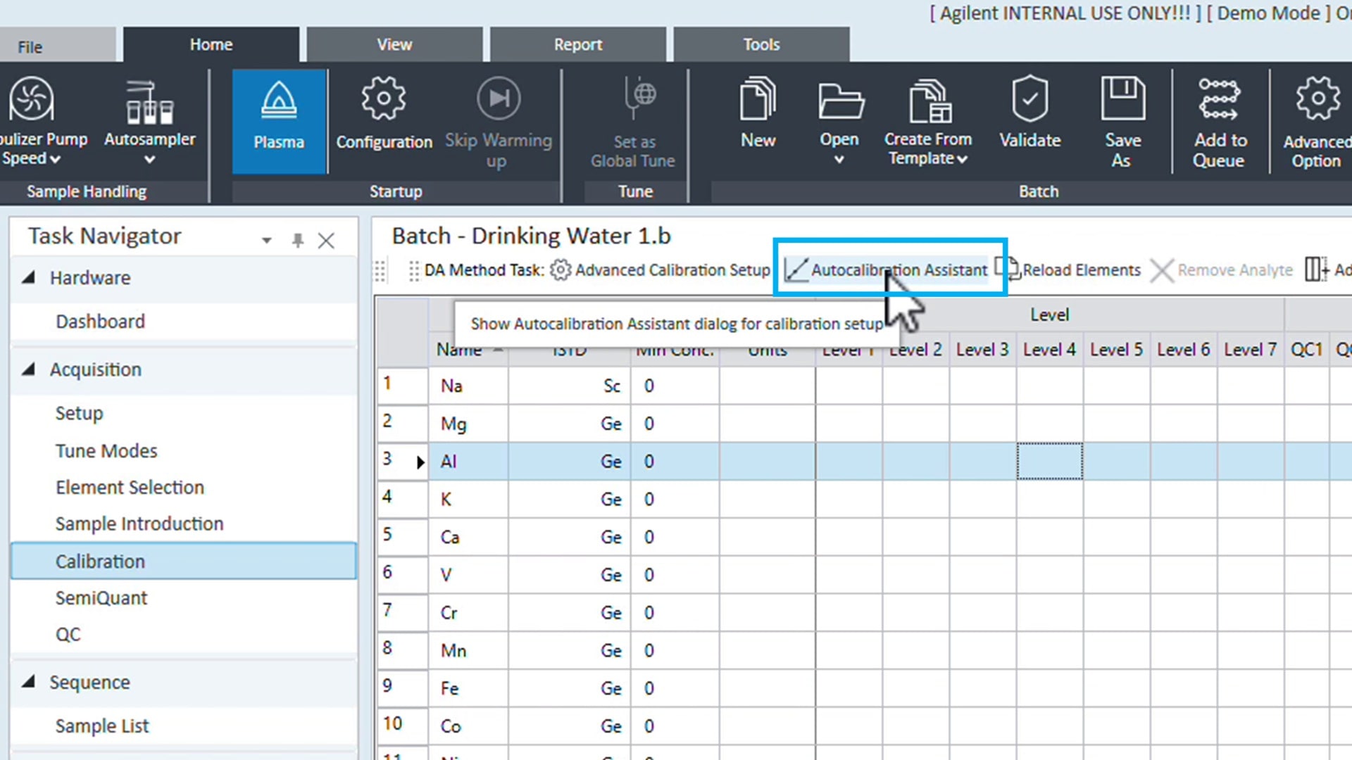 Screenshot of ICP-MS MassHunter software interface. The calibration option is selected and autocalibration assistant highlighted calibration table menus are visible