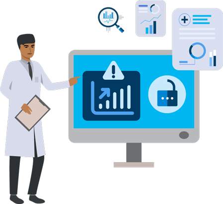 Illustration of a man pointing out statistics on a computer screen.