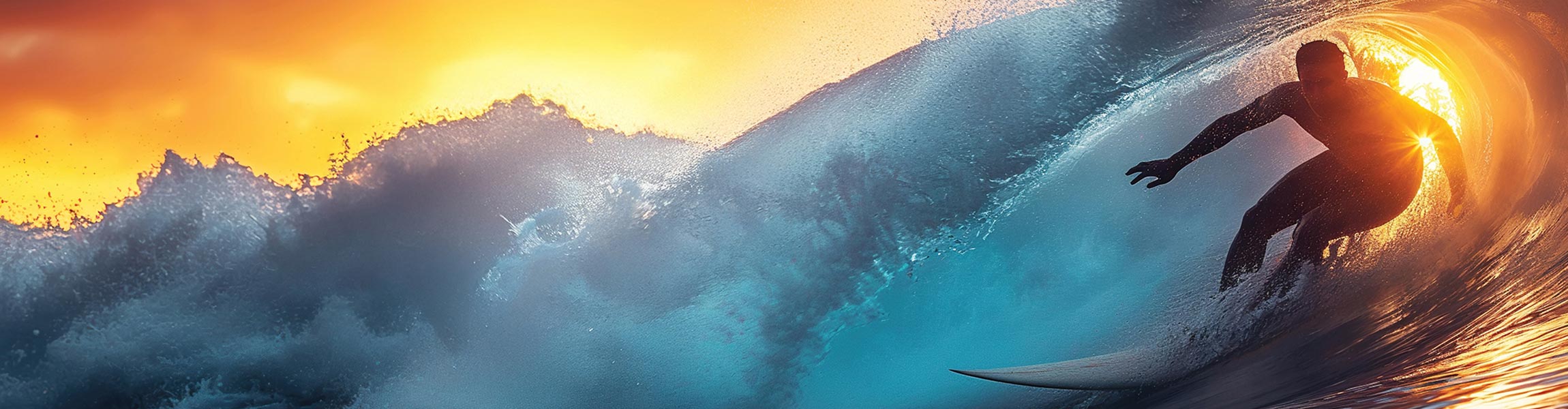 Surfer tube riding while backlit by the sun