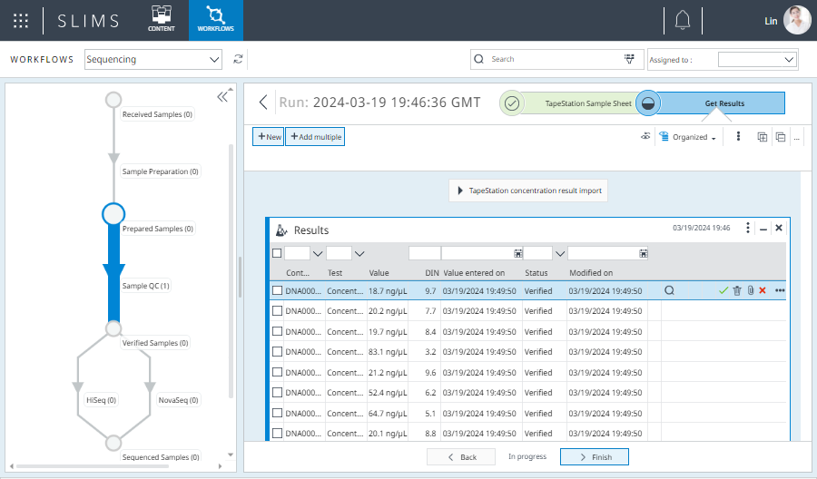 Screenshot of SLIMS connected with Agilent TapeStation