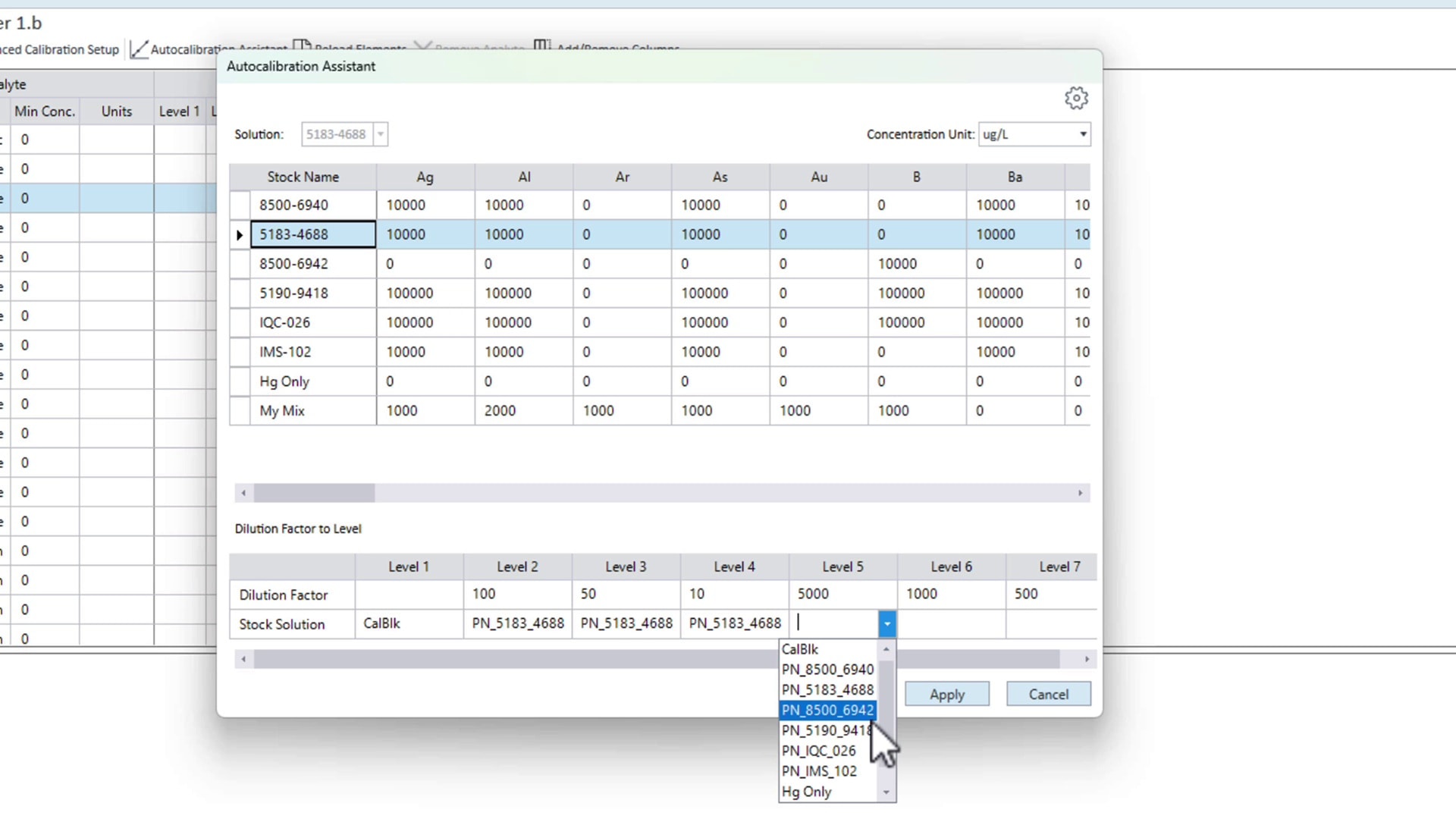 A screenshot of the Autocalibration Assistant interface. It displays a table of stock solutions with elements like Ag, Al, and As in column headers, along with their concentration values. Below, a section for selecting dilution factors with a drop-down menu lists stock solutions and an 'Apply' and 'Cancel' button