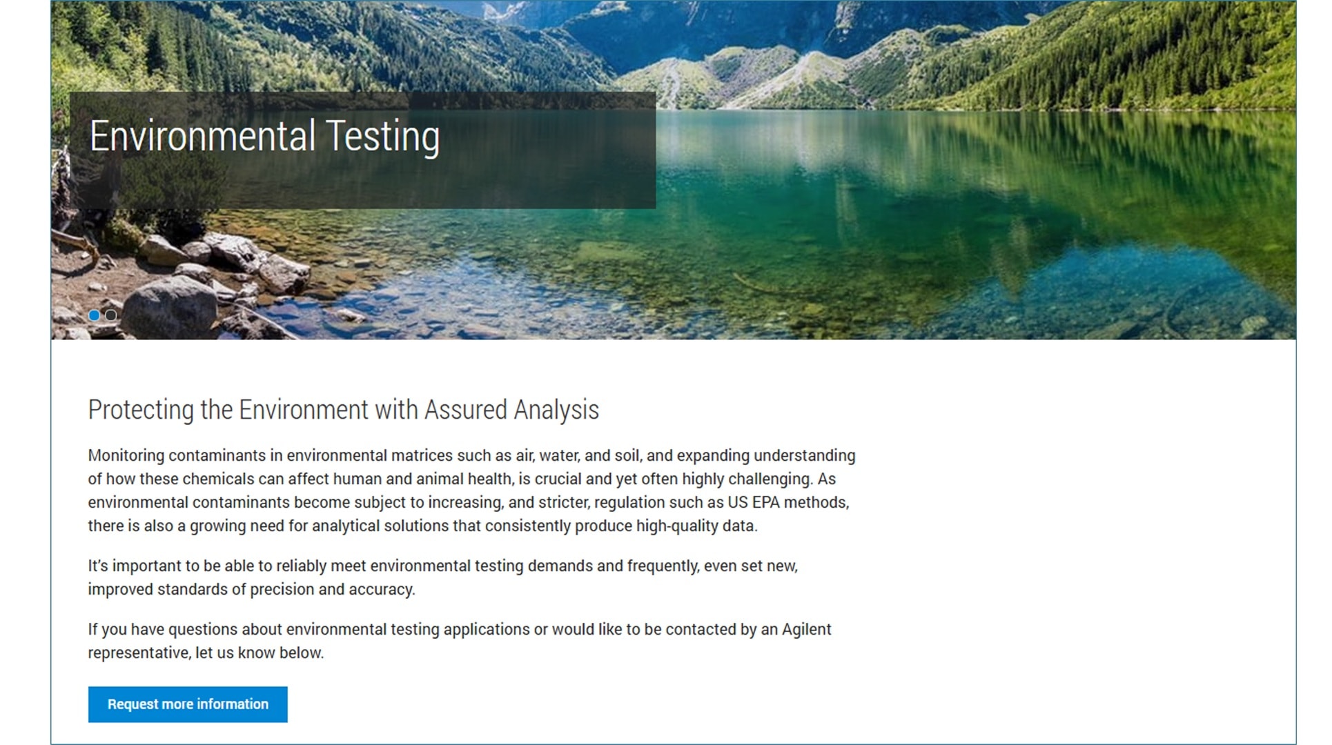 Serene mountain lake scene with clear water and surrounding forest. Text overlay reads 'Environmental Testing.' Below, text details the importance of monitoring environmental contaminants, emphasizing precision and accuracy.