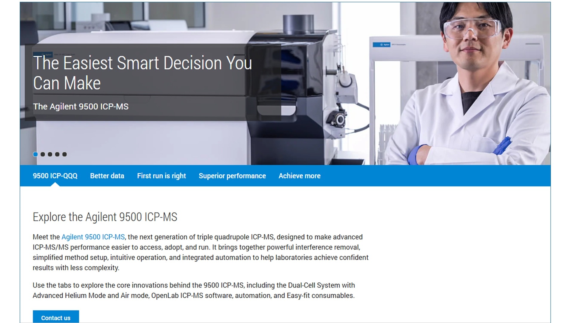 Webpage featuring the Agilent 9500 ICP-MS. A confident scientist in a lab coat stands beside the machine. Text highlights its advanced capabilities of the instrument.