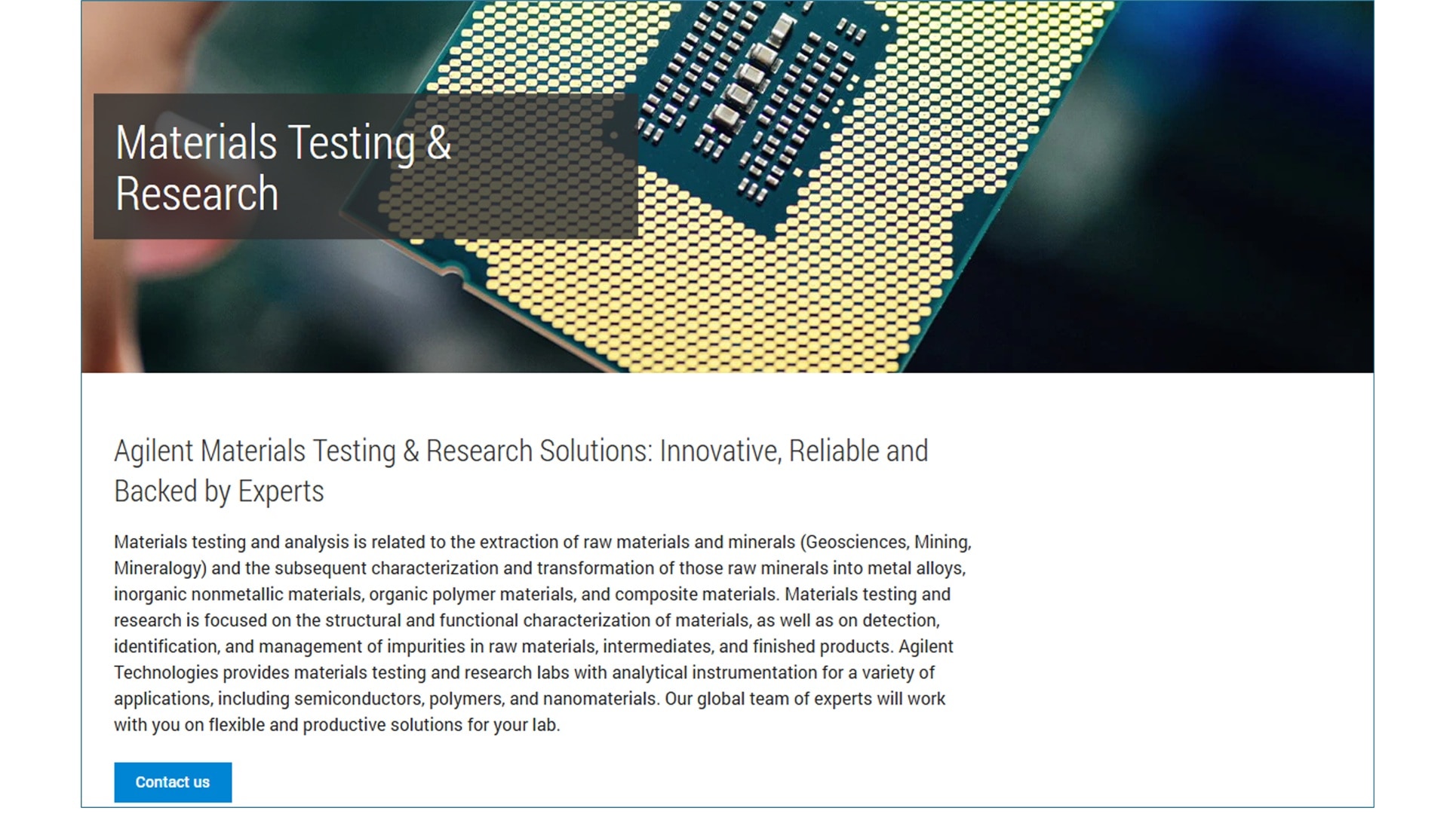 Close-up of a microchip with the title 'Materials Testing & Research' overlaid. Below, text describes Agilent's solutions in materials analysis. A blue 'Contact us' button is at the bottom left.