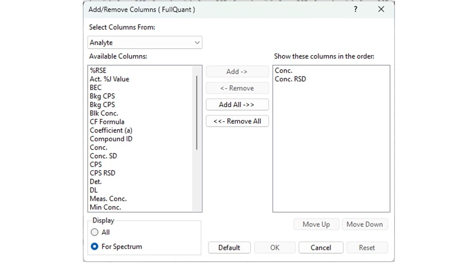 ICP-MS MassHunter Data Analysis settings option dialogue allowing access to various software functions including access to the User Settings option.