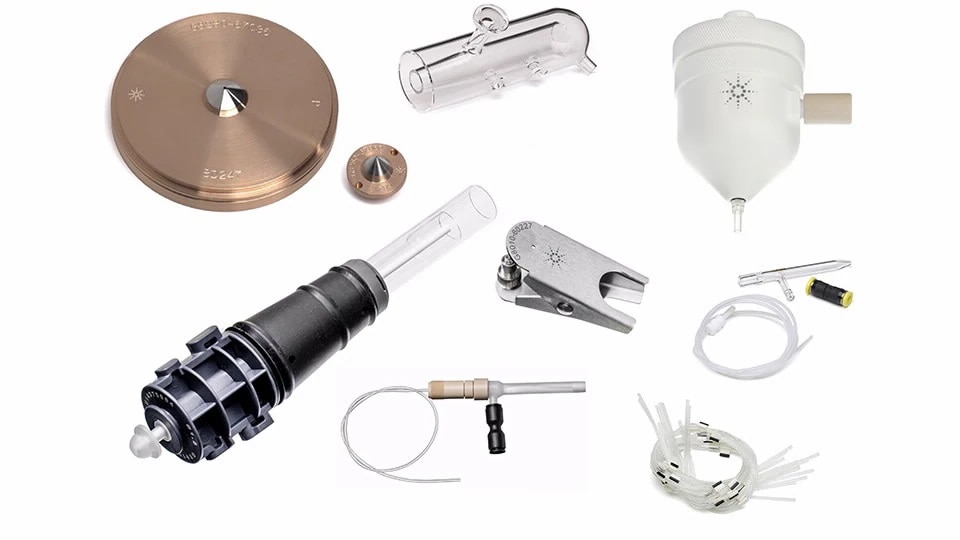 Images of various atomic spectroscopy supplies. The layout is well-organized, showcasing a diverse range of components.