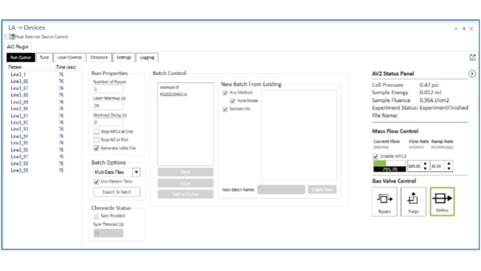 Agilent ICP-MS MassHunter software user interface with ActiveView2 (AV2) integrated control of the Elemental Scientific Lasers ESL213 laser ablation system and Agilent ICP-MS instrument.