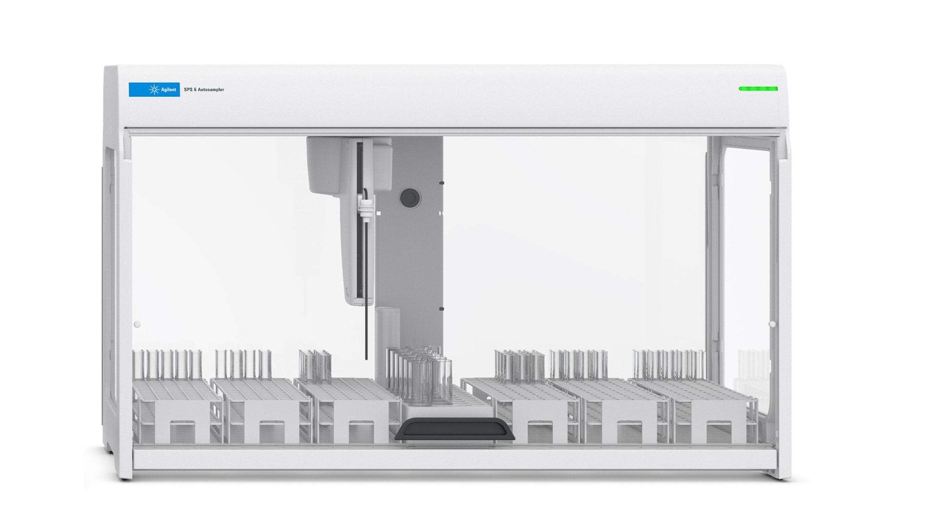 A sleek, white laboratory autosampler called SPS 6, an automated liquid handler, with a transparent front panel. Inside are organized racks and sample tubes, conveying precision.