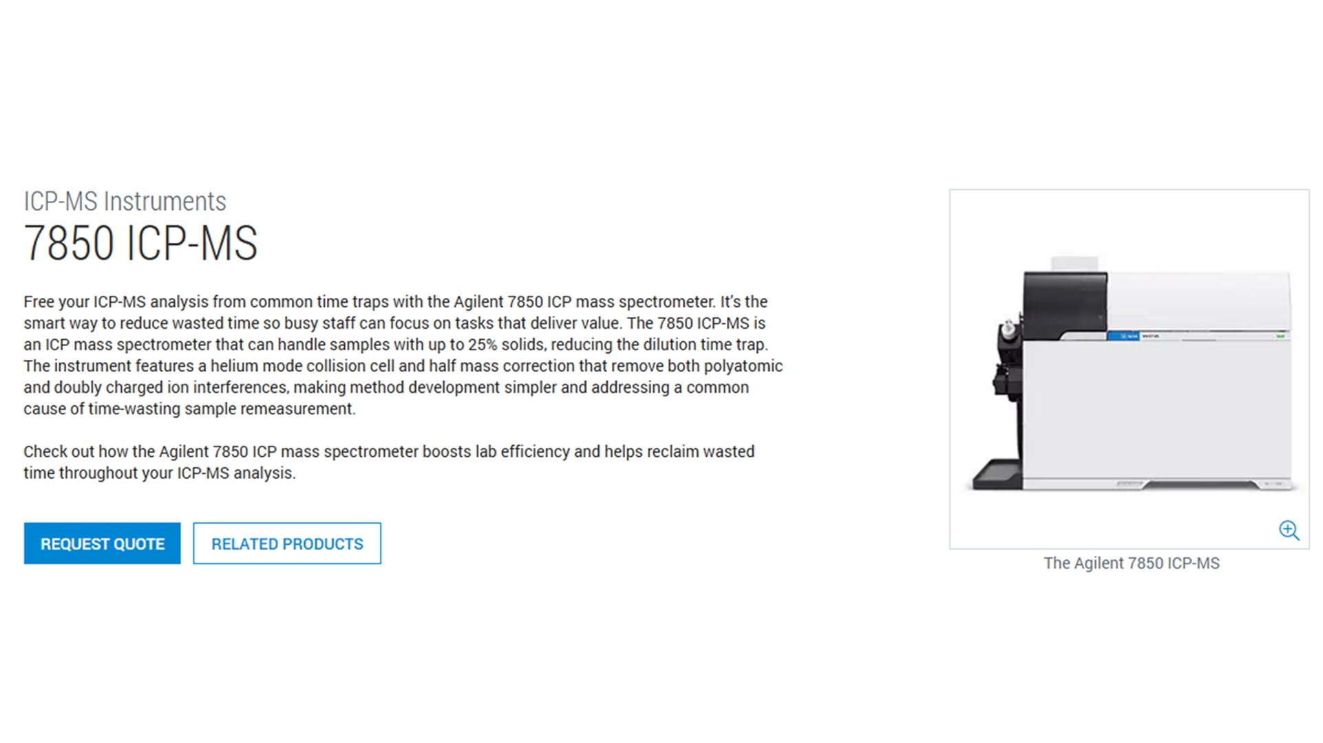 Agilent 7850 ICP-MS mass spectrometer displayed with product description on the left. Features include enhanced lab efficiency and waste reduction. Blue buttons for quote request and related products are visible.