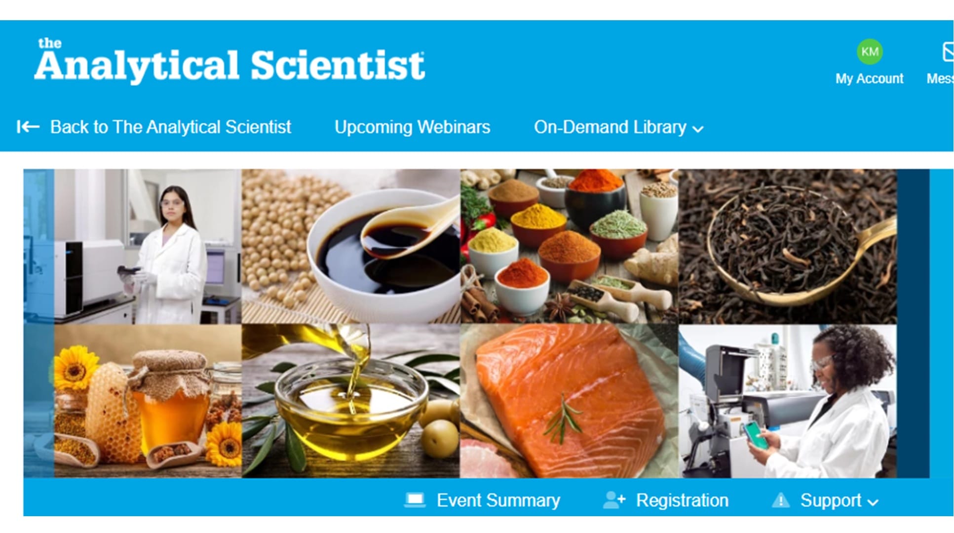 Webpage for the Analytical Scientist showing a collage of scientific and culinary images, including a lab technician, spices, beans, tea leaves, honey, olive oil, salmon, and a scientist using analytical equipment.