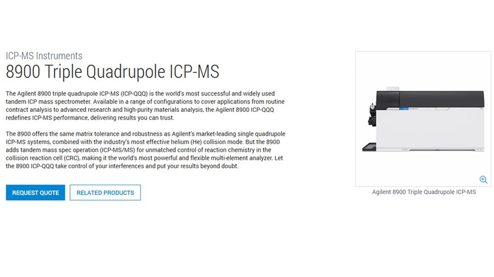A product home web page for the 8900 triple quadrupole ICP-MS with a description of the instrument and a photo of the instrument.