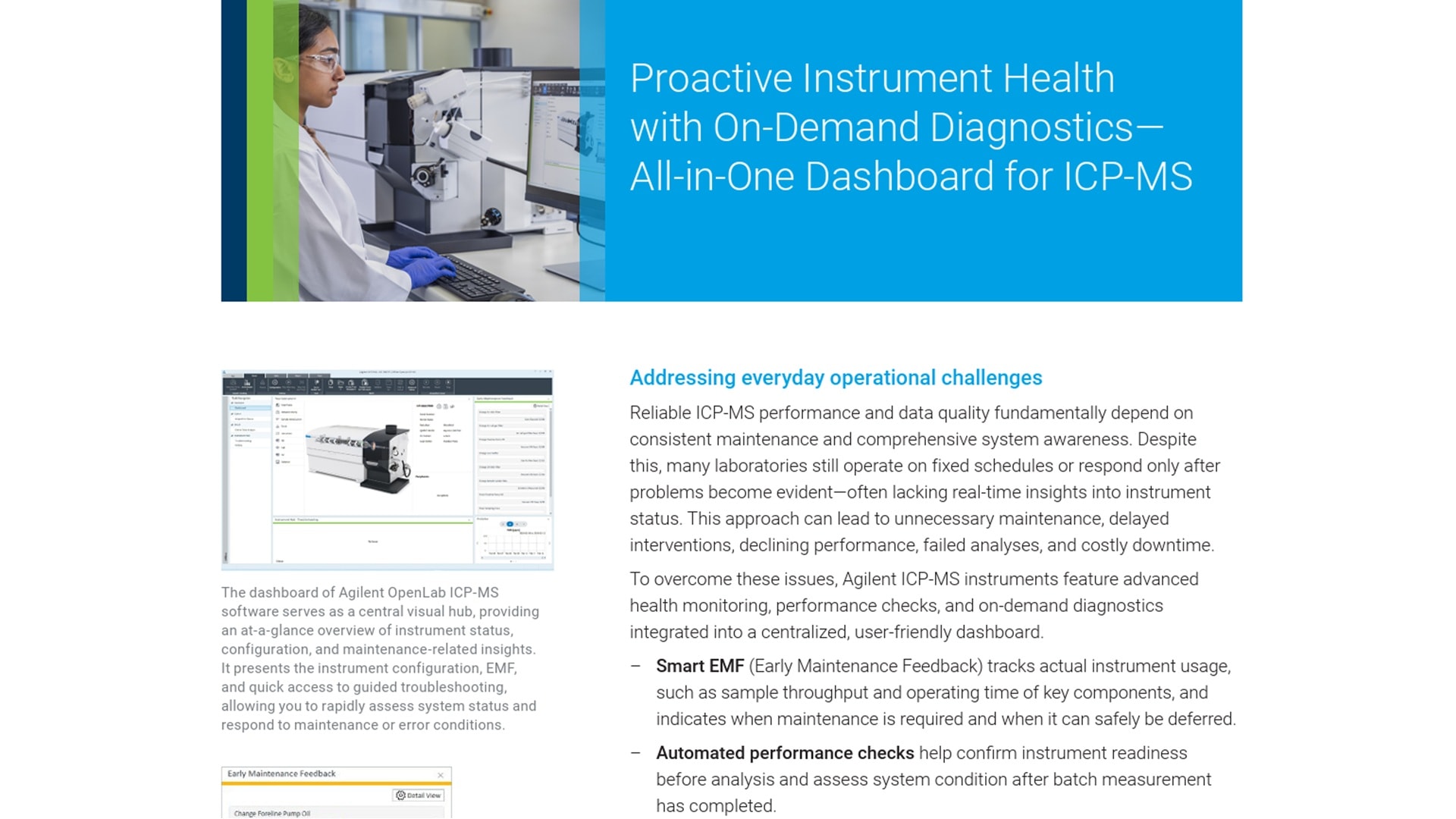 Flyer titled 'Proactive Instrument Health with On-Demand Diagnostics—All-in-One Dashboard for ICP-MS' shows a lab technician operating equipment. Text outlines benefits of Agilent OpenLab ICP-MS software, highlighting its dashboard for quick status checks and maintenance. Key features include Smart EMF for usage tracking and automated performance checks for reliability.
