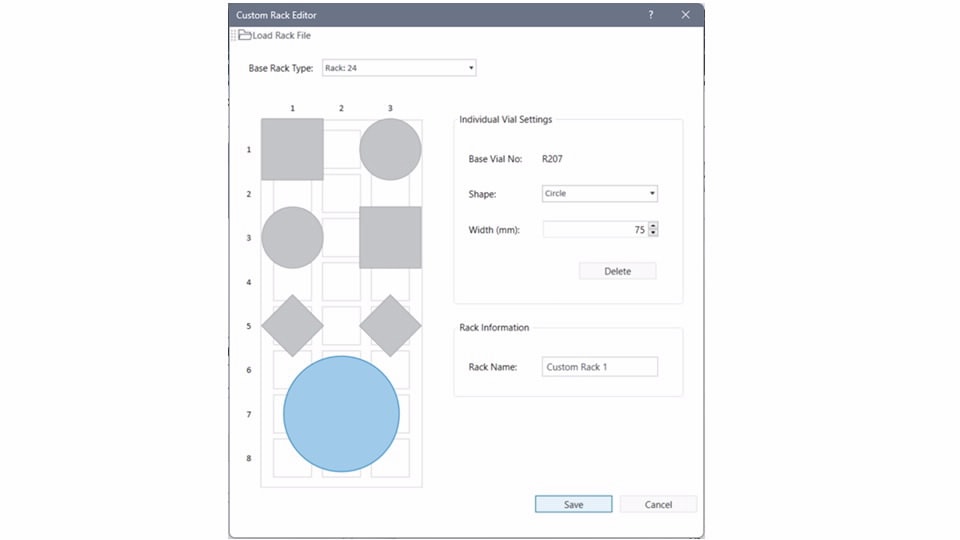 Custom rack editor interface showing a rack layout with various grey geometric shapes representing custom bottles in an 8x3 grid. Settings for vial shape and size are on the right.