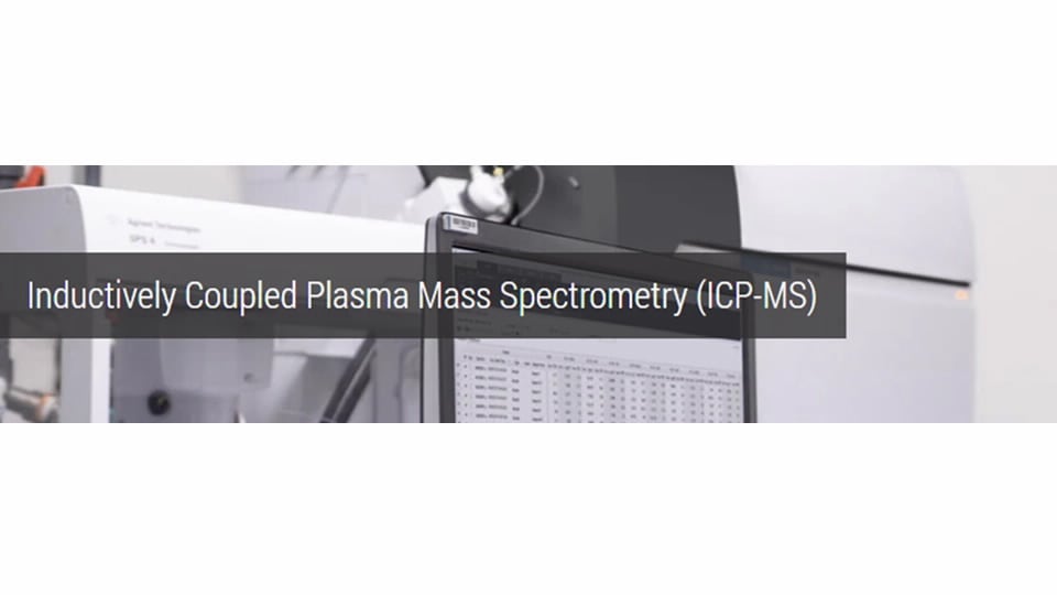 Inductively Coupled Plasma Mass Spectrometry (ICP-MS) text overlay on an image of lab equipment featuring a monitor displaying data and instrumentation.