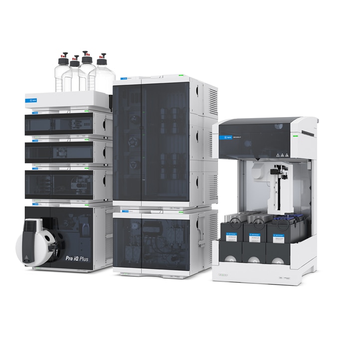 Three stacks of one to four gray, cuboid shaped analytical instrument ...