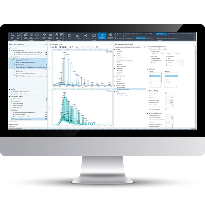 A black and silver PC monitor displaying analytical software. The ...