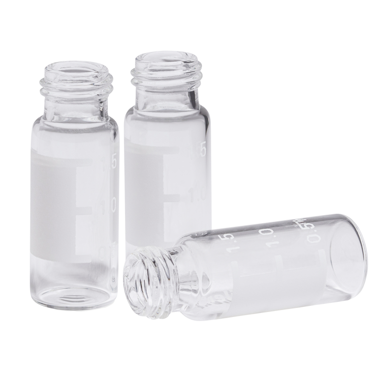 Three small, clear glass vials arranged on a white background. Two vials are standing upright, and one vial is lying horizontally in front of them.